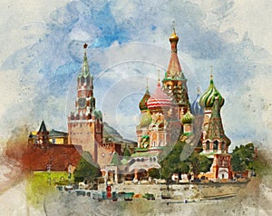 Watercolor painting art imitation. Moscow Red Square Kremlin towers with stars and Clock Kuranti, Saint Basil`s Cathedral church