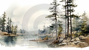 River Sketch: Watercolor Painting Of Mountains, Pine Trees, And Hazy River photo