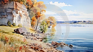 Watercolor Painting Of Autumn Lake With Waterfall And Trees