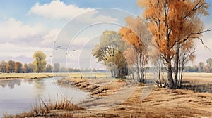 Watercolor Painting Of Autumn Landscape In Hasselblad H6d-400c Style