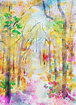 Watercolor painting of autumn landscape, trees in forest with colorful leaves in fall season