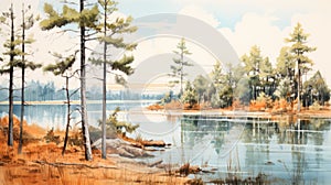 Watercolor Painting Of Autumn Pines On Shore - Mid-century Illustration Style