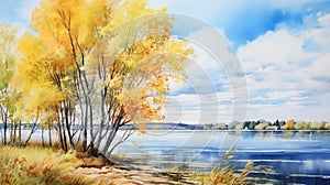 Watercolor Painting: Autumn Trees On The Beach And River