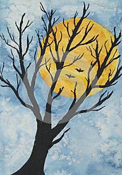 Watercolor painting of a bare tree with full moon and bats