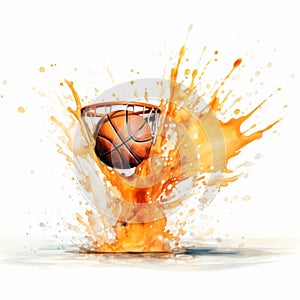 Watercolor Painting Of Basketball Rebound With Realistic Splash