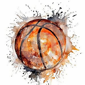 Watercolor Painting Of Basketball Shot On White Background