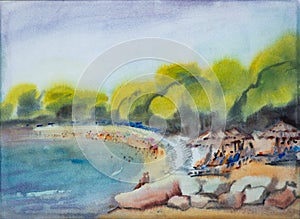 Watercolor painting of the beach in Cote Dazur France