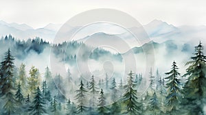 watercolor painting of beautiful foggy forest in the mountains