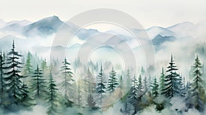 watercolor painting of beautiful foggy forest in the mountains