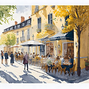 watercolor painting of the beautiful outdoor flowery French cafe buildings where people sitting or walking around the busy street.