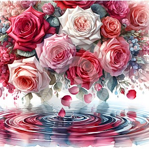 Watercolor painting of a beautiful rose and water drops on a white background.