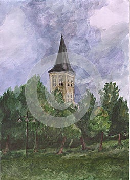 Watercolor painting of Bell tower of the Church of the virgin Mary in Lappeenranta