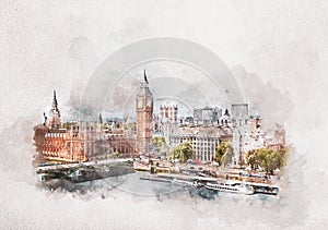 Watercolor painting of Big Ben, Westminster Palace in London, the UK