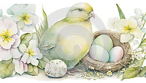 a watercolor painting of a bird and eggs in a nest