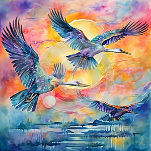 Watercolor painting of birds in flight