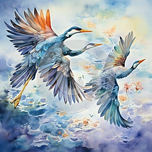 Watercolor painting of birds in flight