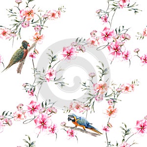 Watercolor painting with birds and flowers, seamless pattern on white background.