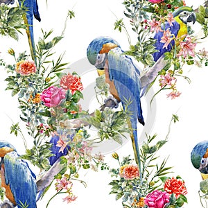 Watercolor painting with birds and flowers, seamless pattern on white background illustration