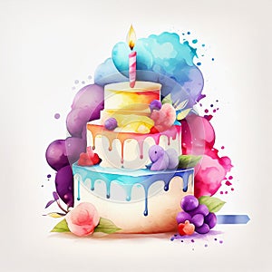 Watercolor painting birthday cake. Generative ai design