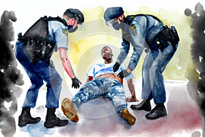 Watercolor painting of a black man of Afro Carribean ethnicity laying on the ground, being arrested by police officers