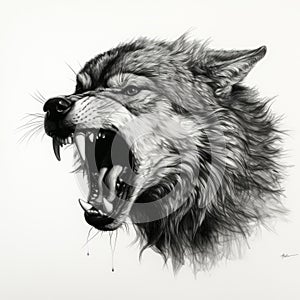 Watercolor painting in black and white of angry roaring wolf head with sharp teeth on white background.