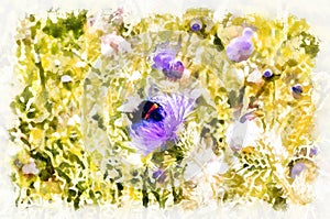 Watercolor painting - blooming flowers and bumblebee. Modern digital art, imitation of hand painted with aquarells dye