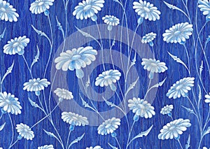 Watercolor painting blue daisy flowers with silver contours on striped textured background