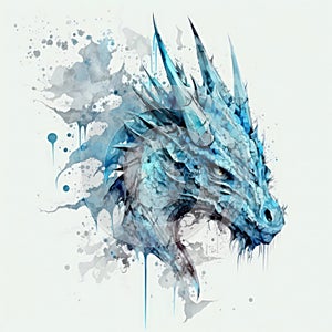 Watercolor painting of a blue dragon with paint splatters.