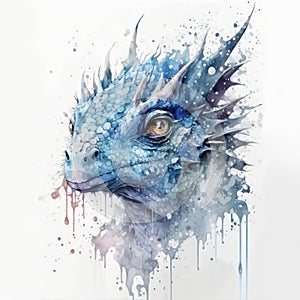 Watercolor painting of a blue dragon with paint splatters.