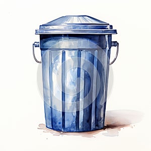 Watercolor Painting Of A Blue Garbage Can