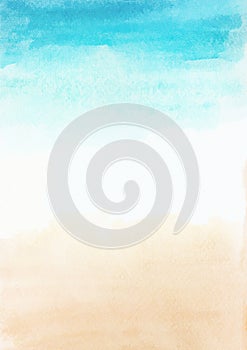 Watercolor painting blue ocean wave on sandy beach background.  Abstract blue sea and beach summer background for banner, invitati