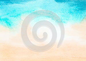 Watercolor painting blue ocean wave on sandy beach background. Abstract blue sea and beach summer background for banner, invitati