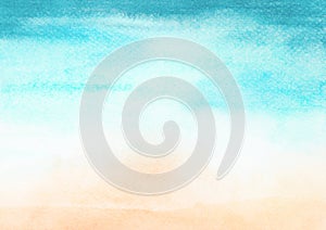 Watercolor painting blue ocean wave on sandy beach background.  Abstract blue sea and beach summer background for banner, invitati