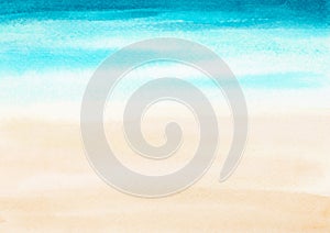 Watercolor painting blue ocean wave on sandy beach background. Abstract blue sea and beach summer background for banner, invitati