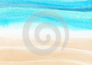 Watercolor painting blue ocean wave on sandy beach background. Abstract blue sea and beach summer background for banner, invitati