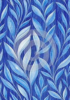 Watercolor painting blue twigs with leaves with silver contours on blue striped textured