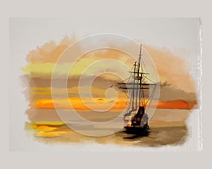 Watercolor painting boat with sunset