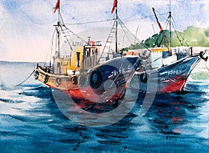 Watercolor Painting - Boats