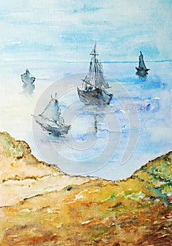 Watercolor painting, boats on the shore