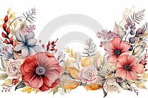 Watercolor painting of boho flowers on white background with copy space. Watercolor illustration.