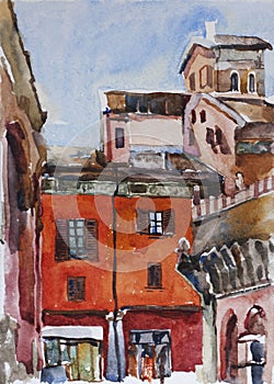 Watercolor painting of Bologna piazza di Porta Ravegnana near two towers urban medieval cityscape photo