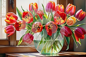 Watercolor Painting - Bouquet of Vibrant Tulips, Petals Tinged with Delicate Gradations of Pink and Coral