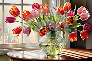 Watercolor Painting - Bouquet of Vibrant Tulips, Petals Tinged with Delicate Gradations of Pink and Coral