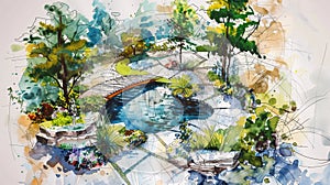 Watercolor Painting of a Bridge Over a River