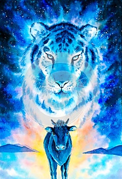 Watercolor Painting - Bull with Imposing Manner, Just Likes Tiger