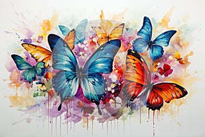 Watercolor painting of butterflies and flowers. Colorful butterfly background. Generative AI Generative AI