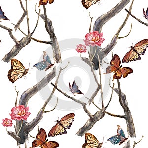 Watercolor painting butterfly and flowers, seamless pattern on white background