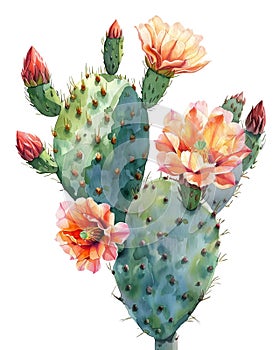 Watercolor Painting of Cactus with Flowers, isolated on White . AI generated Illustration