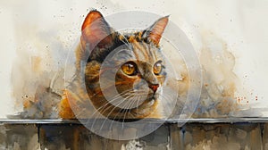 Watercolor painting of a calico cat