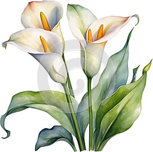 Watercolor painting of a Calla Lily (Zantedeschia) flower. AI-Generated.